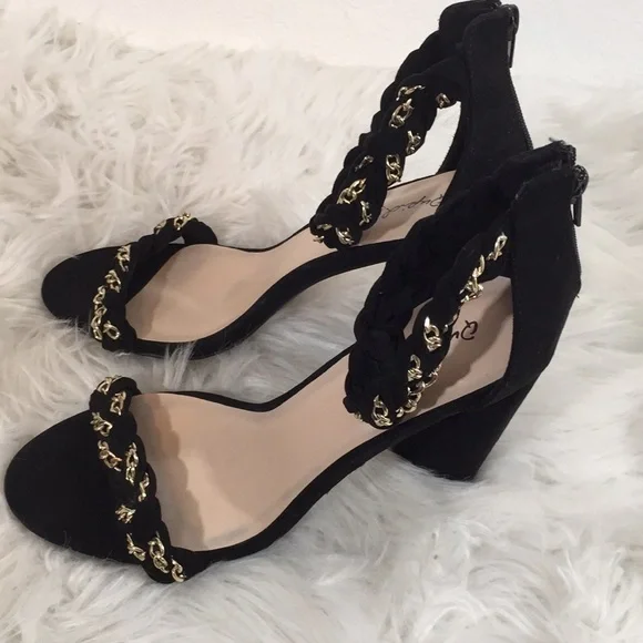 Qupid Sexy Black Braided Chain Accent Chunky Heels - Picture 10 of 16